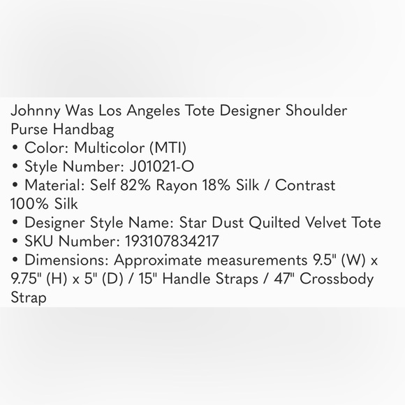 ⭐️🌴NWT Johnny Was Los Angeles Stardust Quilted Velvet Tote Designer Logo Purse - Picture 7 of 7